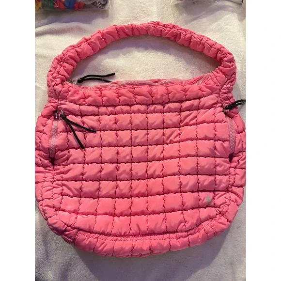 Free People Movement Quilted Carryall Bag Hot Pink Puffer Hobo Tote Large FP New - Picture 4 of 4